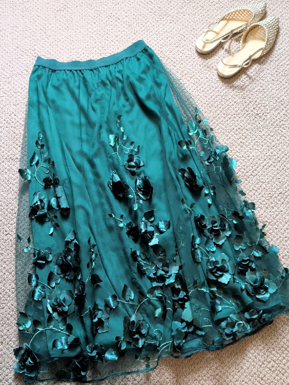 By Anthropologie Floral Appliqué Skirt Deep Green Tulle Maxi Whimsical M - Picture 5 of 9